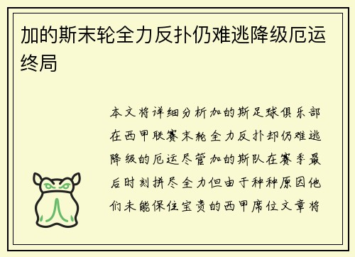 加的斯末轮全力反扑仍难逃降级厄运终局