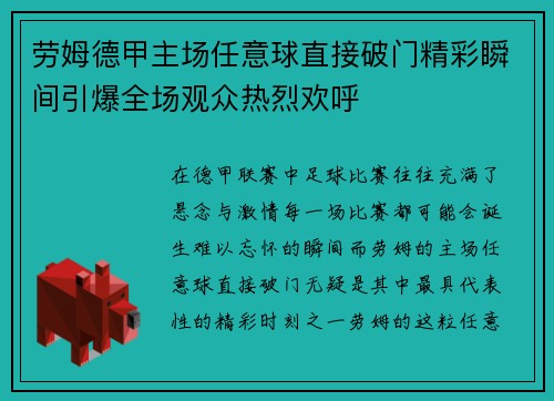 劳姆德甲主场任意球直接破门精彩瞬间引爆全场观众热烈欢呼