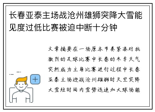 长春亚泰主场战沧州雄狮突降大雪能见度过低比赛被迫中断十分钟 长春亚泰主场战沧州雄狮突降大雪能见度过低比赛被迫中断十分钟