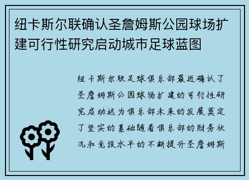 纽卡斯尔联确认圣詹姆斯公园球场扩建可行性研究启动城市足球蓝图 纽卡斯尔联确认圣詹姆斯公园球场扩建可行性研究启动城市足球蓝图