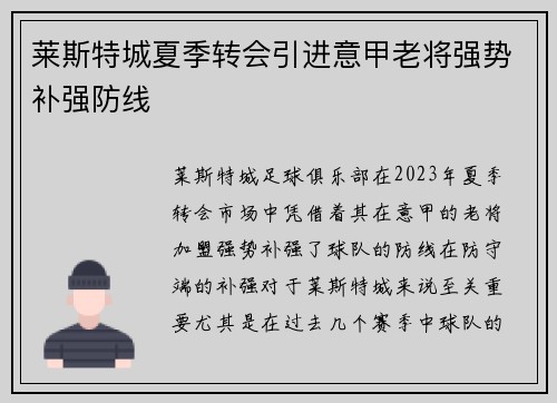 莱斯特城夏季转会引进意甲老将强势补强防线 莱斯特城夏季转会引进意甲老将强势补强防线